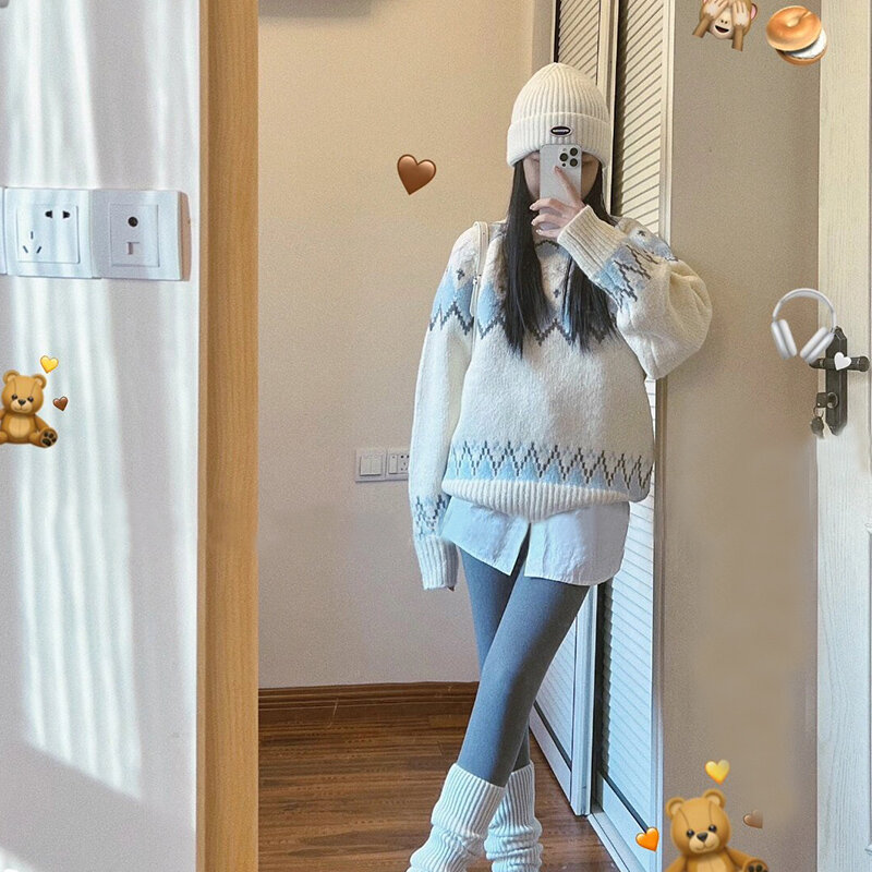 Mode Vrouwen Truien Herfst Winter Nieuwe Losse O-hals Pullover Koreaanse Lange Mouw Top Warm Zigzag Knitwear Oversized Y 2K Truien