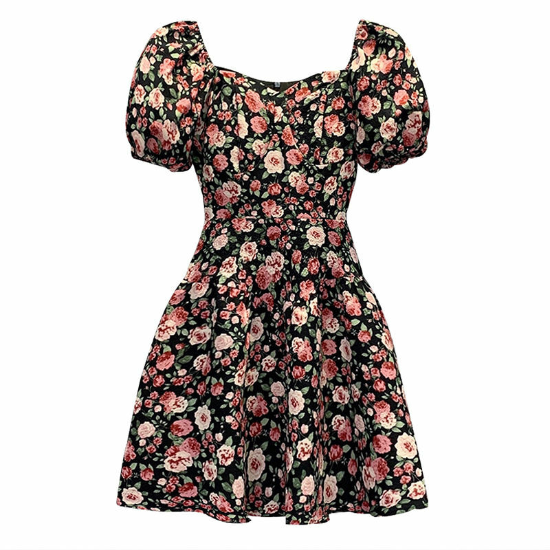 Женская одежда большого размера, Новинка лета 2024, приталенное и скрывающее живот Цветочное платье с рукавами-пузырями, элегантное Цветочное платье