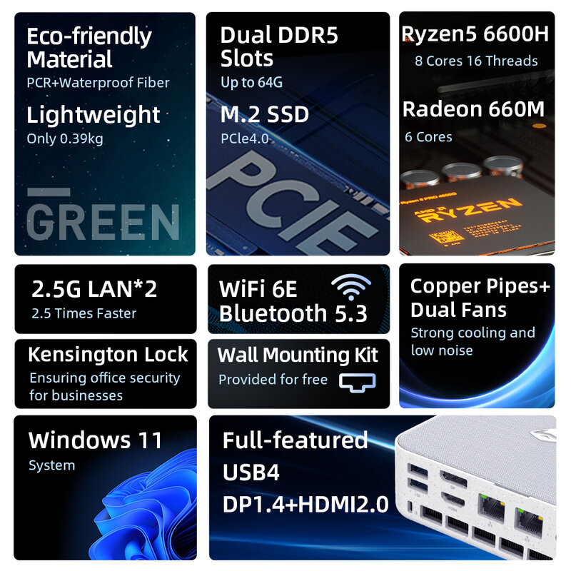 Mini PC Machenike Gaming PC Ryzen 7 7840H Ryzen 5 6600H 16G DDR5 512G SSD USB4 WiFi6 Bluetooth5.3 Win 11 Komputer stacjonarny