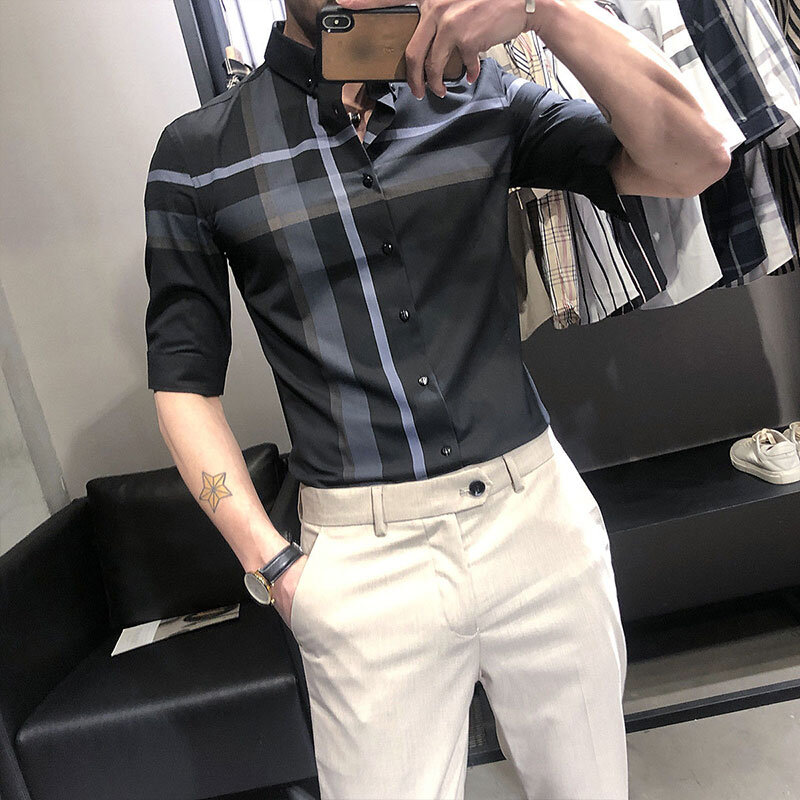 Elegant Fashion Harajuku Slim Fit Ropa Hombre Loose Casual Sport All Match Shirt Square Neck Button Lattice Middle Sleeve Blusa