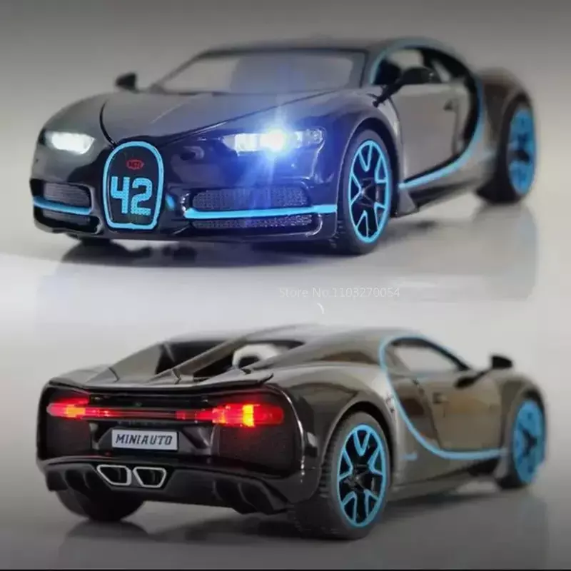 Bugatti Chiron Alloy Sport Car Toy, Metal fundido, veículos em miniatura com luz sonora, puxar brinquedos colecionáveis, 1:32