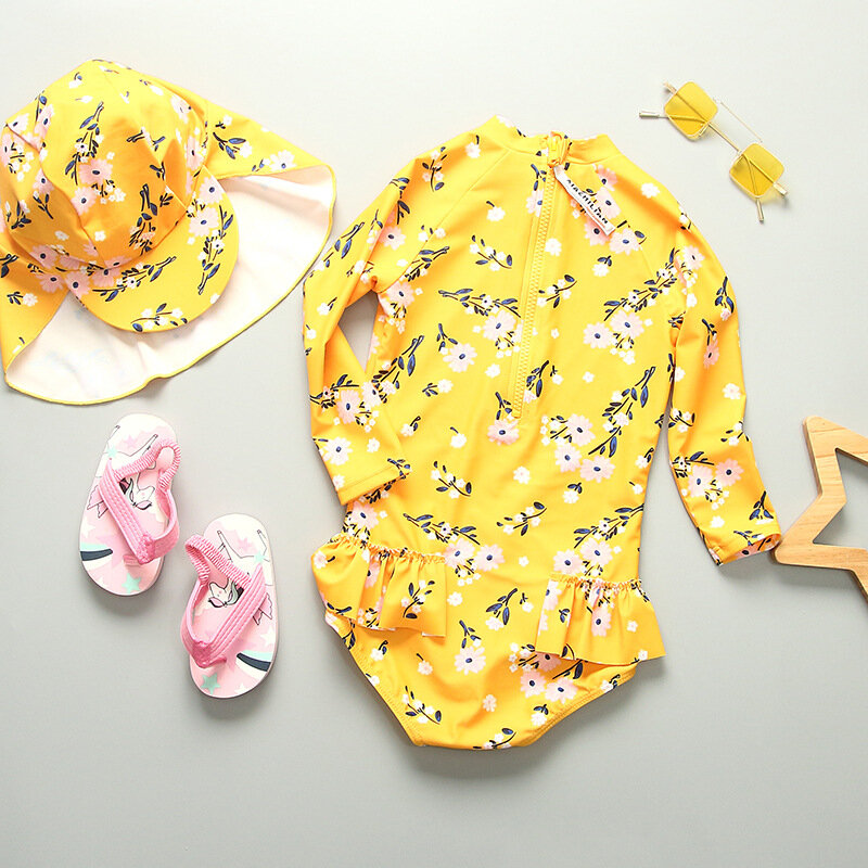 여아용 긴 소매 꽃무늬 수영복, 원피스 바디 수트, 어린이 목욕 세트, 유아 UV 비치 의류
