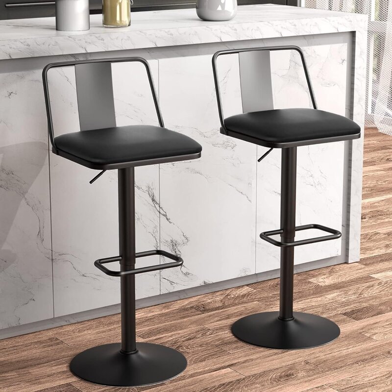 Metal Swivel Barstools Set of 2, Enlarged PU Leather Seat with Metal Back, Adjustable From 24" To 33" for Counter Height