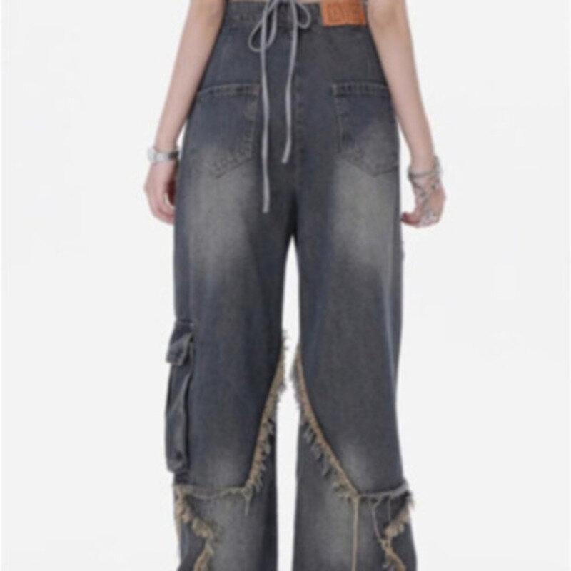 Pakaian kerja Vintage kaki lebar, Jeans wanita merasa tinggi pinggang tinggi kasual longgar tabung lurus musim panas/semi 2024