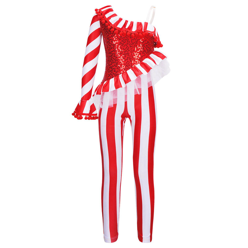 Girls Xmas Candy Cane Striped Unitard Kid Christmas Party Sequins Ruffle Jumpsuit Ballet Skating Dance Cheer Performance Costume