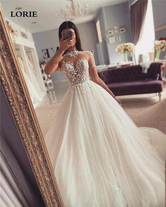 Abiti da sposa A maniche lunghe LORIE una linea abito da sposa con collo alto abiti da sposa in pizzo Appliqued 2023