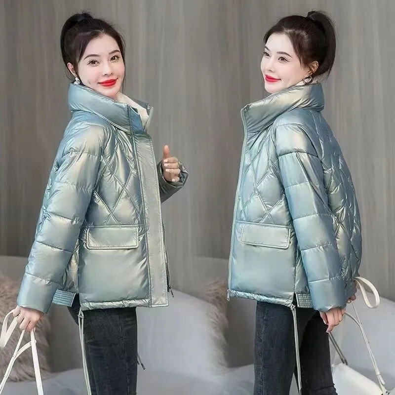 Abrigo de algodón con cuello de pie para mujer, abrigo de algodón con cara brillante, edición coreana, otoño e invierno, 2023