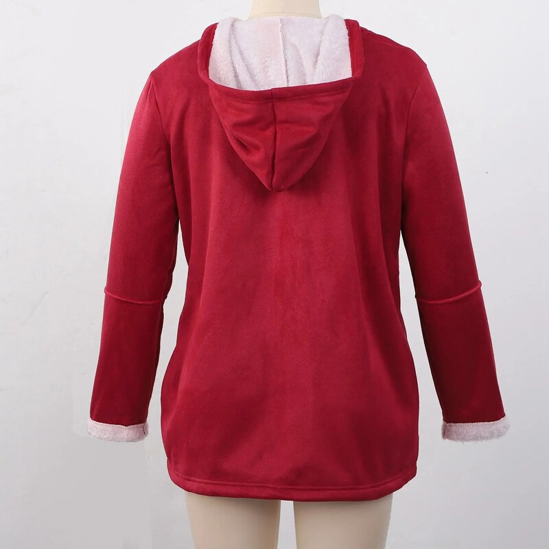 Zimowe płaszcze damskie Plus Size ze sztucznym długim rękawem dwurzędowe kurtka luźna płaszcze z kieszeniami wino czerwone, L