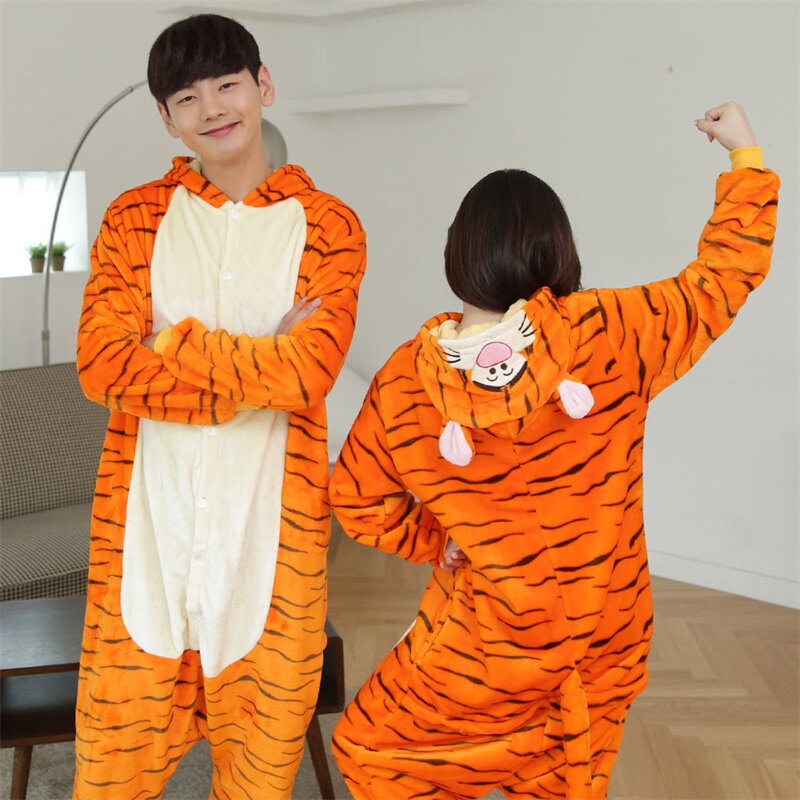 Pakaian tidur motif kartun, baju tidur pasangan, Jumpsuit lucu modis, flanel termal, bertudung, pakaian tidur harimau Kigurumi, binatang kartun