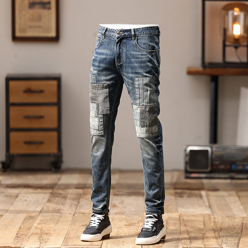2024New Jeans Men's Stitching Patchwork Slim Fit Small Straight-Leg Pants Machine Embroidery Pu Shuai Personality Trousers