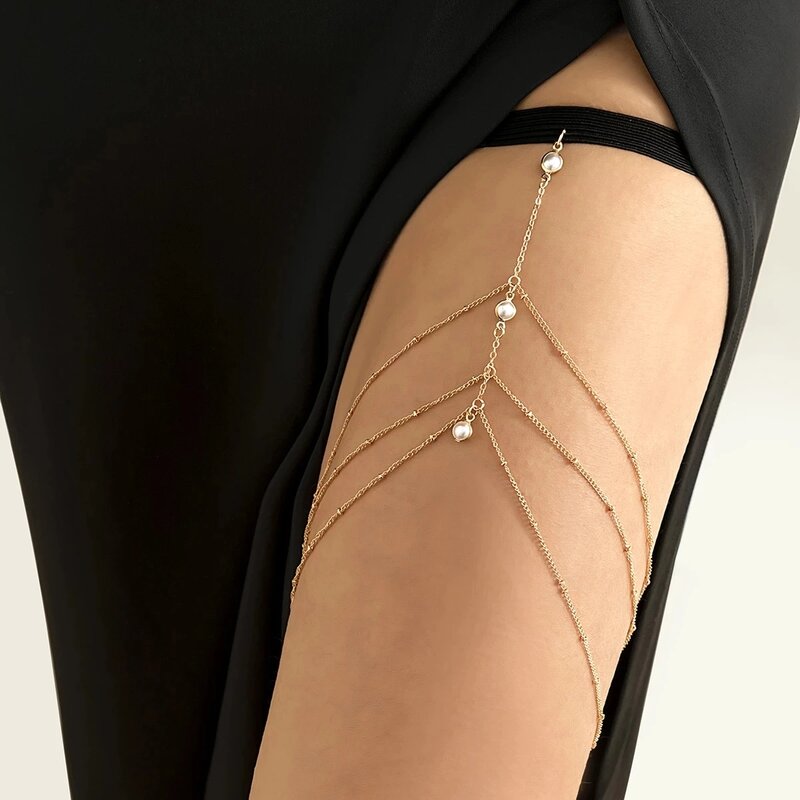 IngeSight.Z-Cadena de pierna de perlas de imitación para mujer, cadena de muslo elástica ajustable Simple, joyería corporal, borla multicapa Sexy