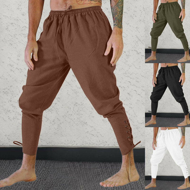 Mężczyźni średniowieczni spodnie typu Casual dorośli mężczyźni bandaż na nogi luźne spodnie Halloween dla męskich spodni dla dorosłych przebranie na karnawał kombinezonów