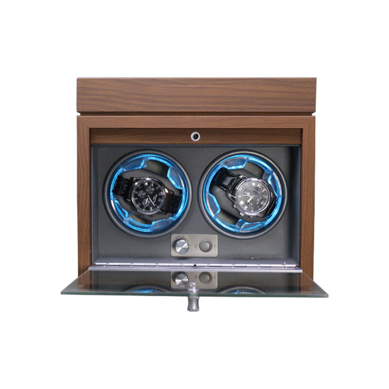 Automatic Watch Winder Black Walnut Wooden Upright 2 Epitopes Blue Light Multi-Functional Desktop Storage Open Cover Stop