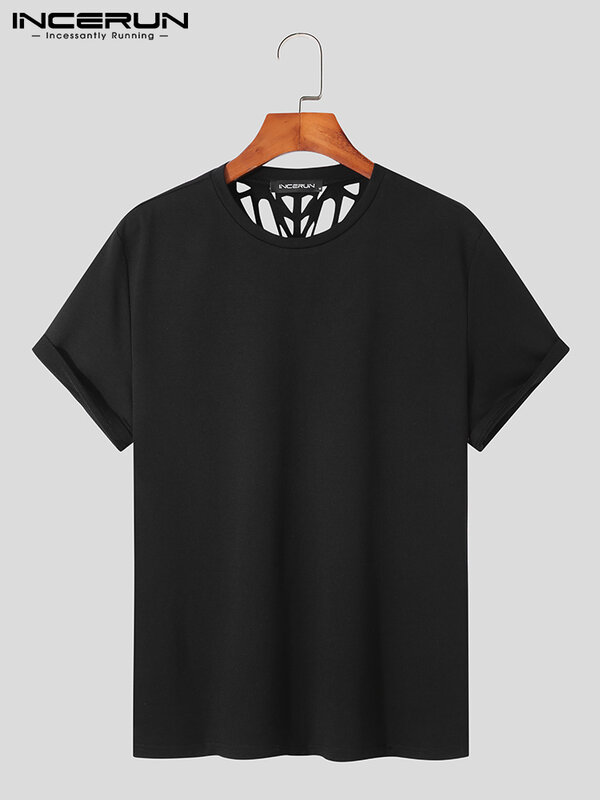 INCERUN 2023 아메리칸 스타일의 신사복 섹시한 레저 Camiseta 패션 남성 할로우 솔리드 모든 반소매 티셔츠 S-5XL