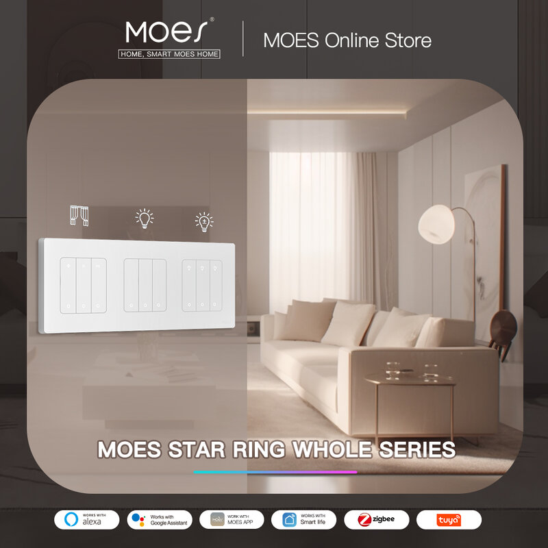 MOES Smart Light Switch Tuya ZigBee Star Ring Series Dimmer Switch and Curtain Switch Smart Life APP Work with Alexa Google Home
