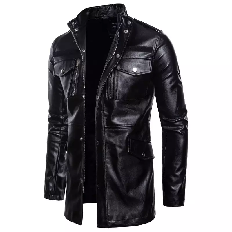 Jaket kulit pria baru jaket kulit ukuran besar mantel desainer lokomotif pakaian Jalan Mode Korea mewah panjang sedang