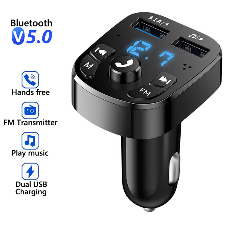 Pengisi Daya Mobil Bluetooth 5.0 USB Ganda Kit Mobil Pemancar FM Audio MP3 Player Autoradio Bebas Genggam 3,1a 12-24V untuk iPhone Samsung