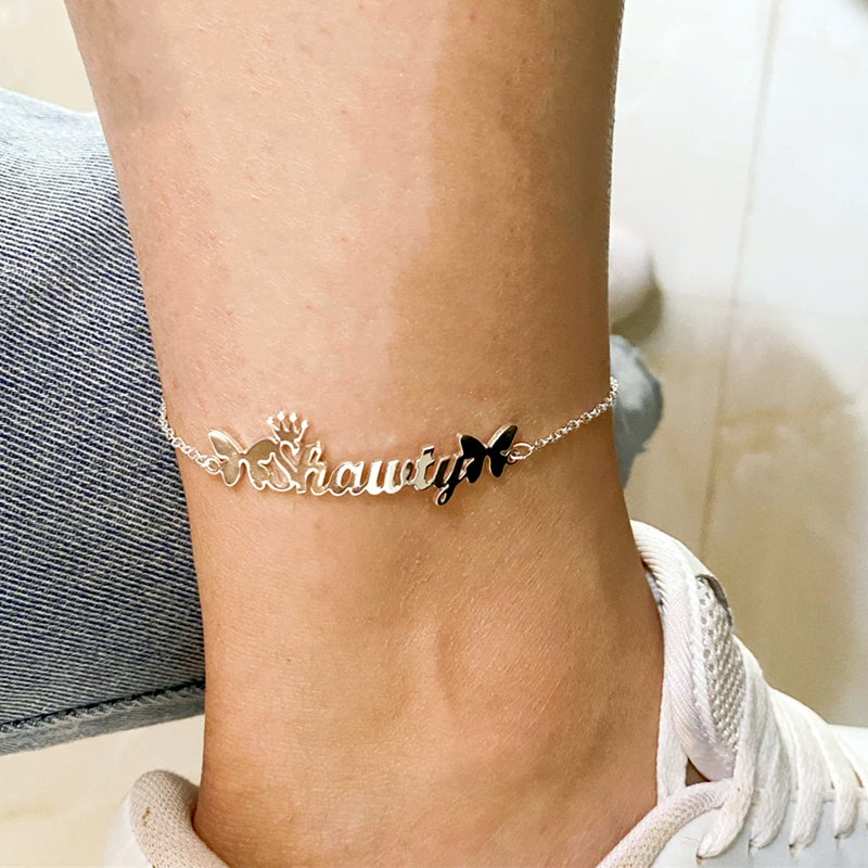 Персонализированный браслет на ногу с именем короны бабочки для женщин и девушек из нержавеющей стали, табличка с именем на заказ, детские подарки на день рождения