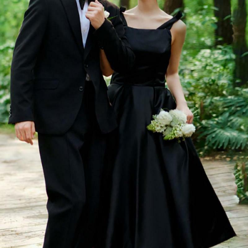 Vestido de novia de satén con tirantes finos, vestido de novia Vintage con cuello cuadrado, negro, Sexy, Espalda descubierta, 2024
