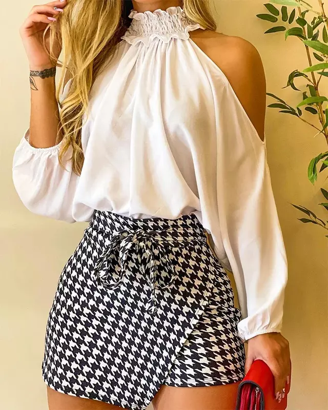 Women Frill Hem Shirred Neck Cold Shoulder Top & Houndstooth Wrap Tie Front Shorts Set Autumn Sexy Bodycon Skirts Two Piece Suit