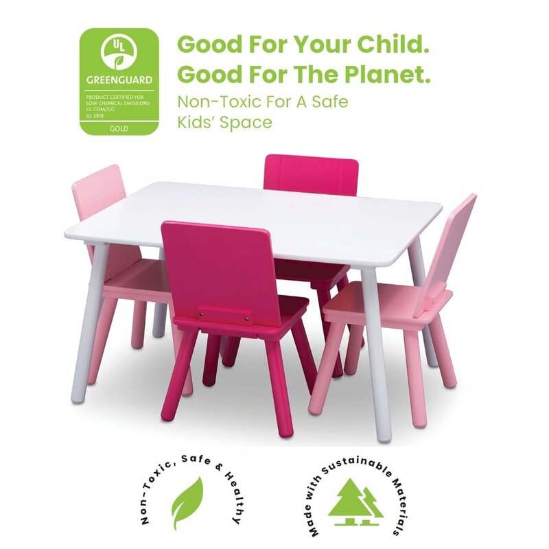 ชุดโต๊ะและเก้าอี้ไม้สำหรับเด็ก (รวมเก้าอี้4ตัว)-เหมาะสำหรับงานศิลปะและงานฝีมือเวลาทานอาหารว่างการเรียนหนังสือสีขาว/ชมพู