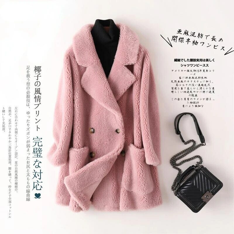 Abrigo de piel auténtica para mujer, abrigo grueso y cálido, elegante, holgado, de talla grande, largo, de lana, para invierno