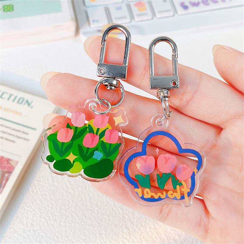 New Fashion Sweet Tulip Keychain Cute Acrylic Love Heart Flower Pendant Keychains Bag Accessories Creativity Girls Trinket Gifts