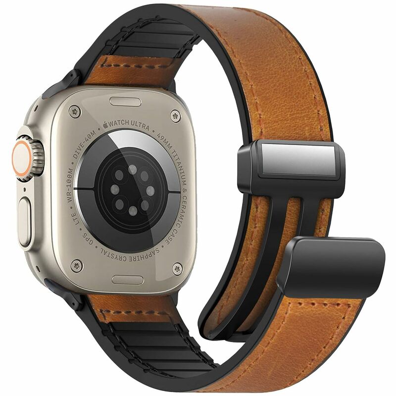 Correa magnética para Apple watch, banda de 44mm, 40mm, 45mm, 41mm, cuero genuino + pulsera de silicona para iWatch series 9 8 7 6 se ultra 2 49mm