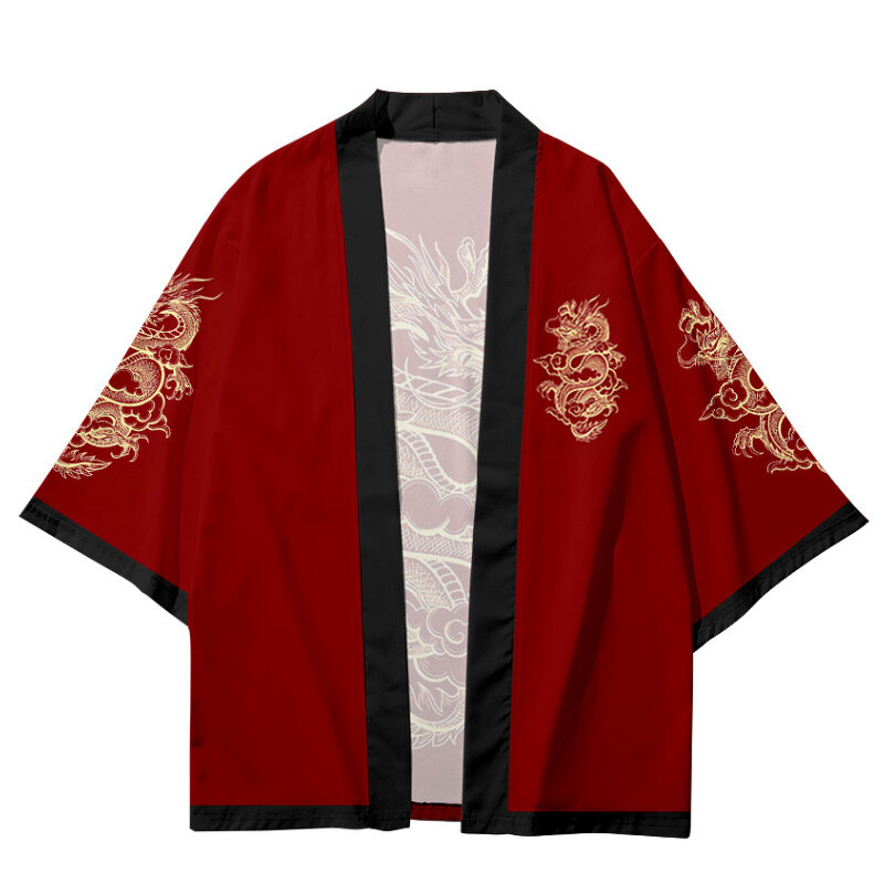 Desain Baru Mode Gambar Naga Kardigan Jepang Haori Pakaian Tradisional Wanita Asia Cosplay Kaus Merah Kimono Pantai Yukata