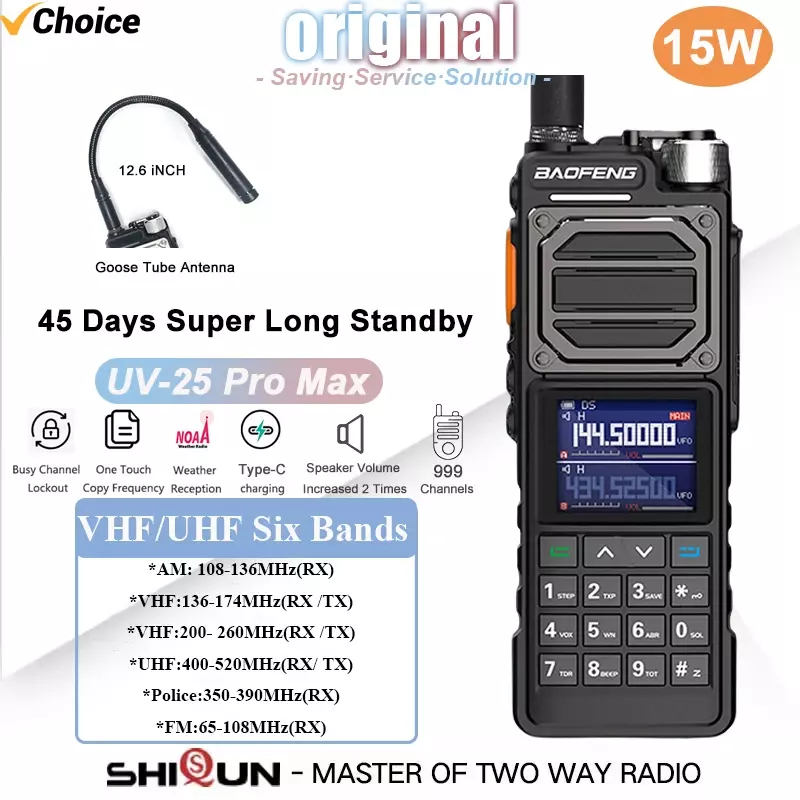 Baofeng-walkie-talkie táctico gt-25 Pro Max, alta potencia, 50km, 136-520MHz, 999ch, Cargador USB C, radios bidireccionales, seis bandas, bf-x5 Pro