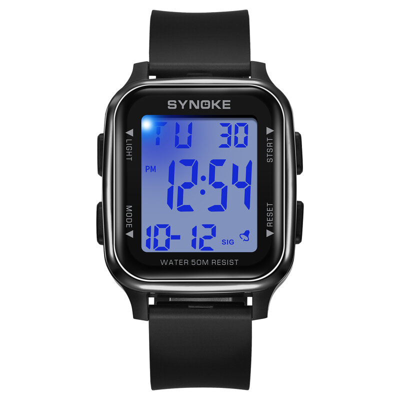 SYNOKE-reloj Digital deportivo para hombre, cronógrafo con pantalla grande, resistente al agua, multifunción, LED, ideal para estudiantes
