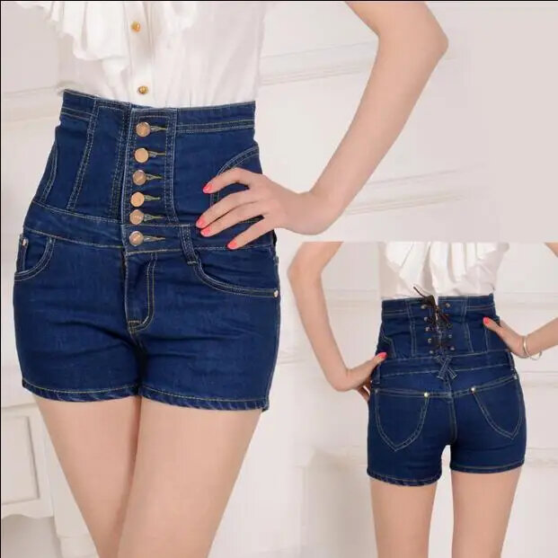 Shorts jeans para meninas, cintura alta, casual, magro, elástico, plus size, marca de moda, verão