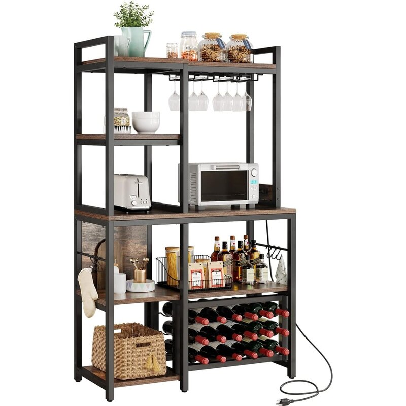 Kitchen Microwave Bakers Stand Wine Rack Freestanding Floor Tall Farmhouse Shelf Dining Room Hutch 35 Inch Large Rustic Brown