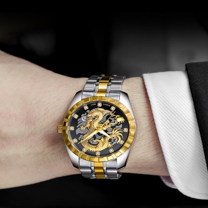 Jam tangan Quartz untuk pria, arloji tali baja pola naga 3D, jam tangan mewah modis untuk pria