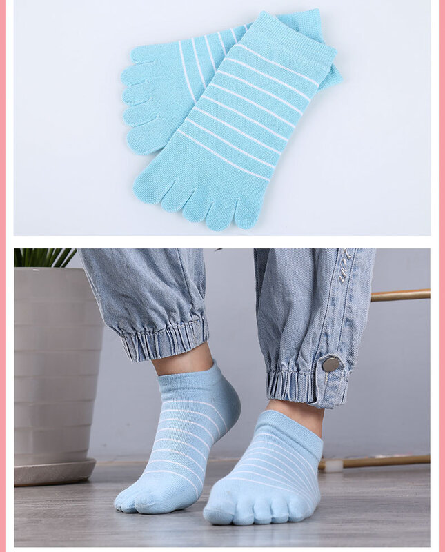 Meias de tornozelo com dedos para mulheres, meias de algodão penteado, cor sólida, curta listrada, meias casuais para meninas, 5 pares