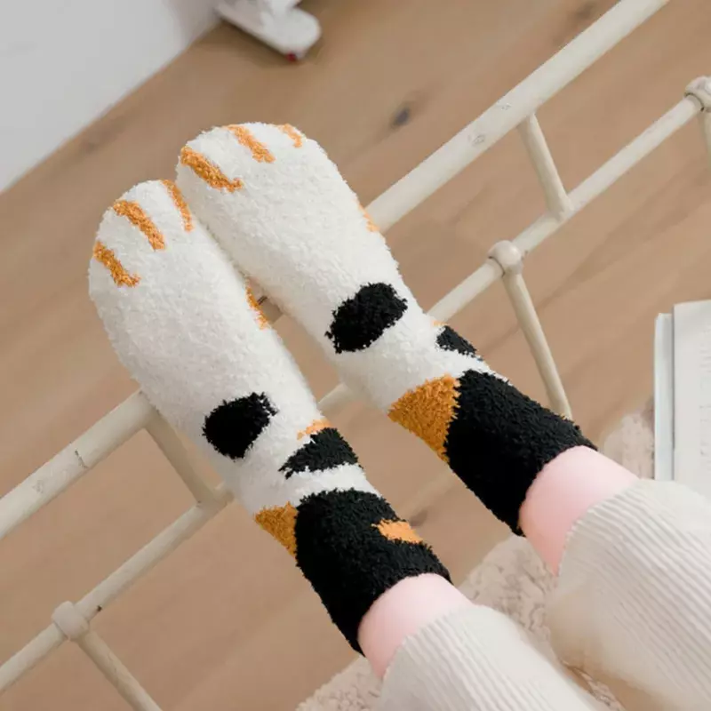 แฟชั่นฤดูใบไม้ร่วงฤดูหนาว Sleep การ์ตูนถุงเท้า Elastic Comfy Harajuku Cat Paw น่ารักหนาขนแกะปะการังสาวถุงเท้า