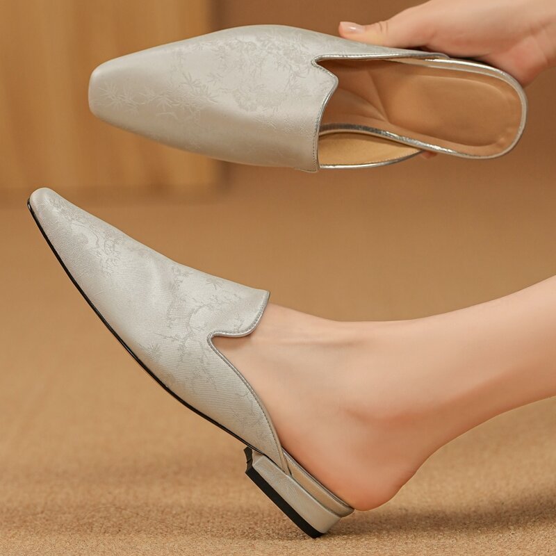 Women's genuine leather new Chinese style slip-on flats summer mules square elegant ladies slim daily summer slides plus size 41