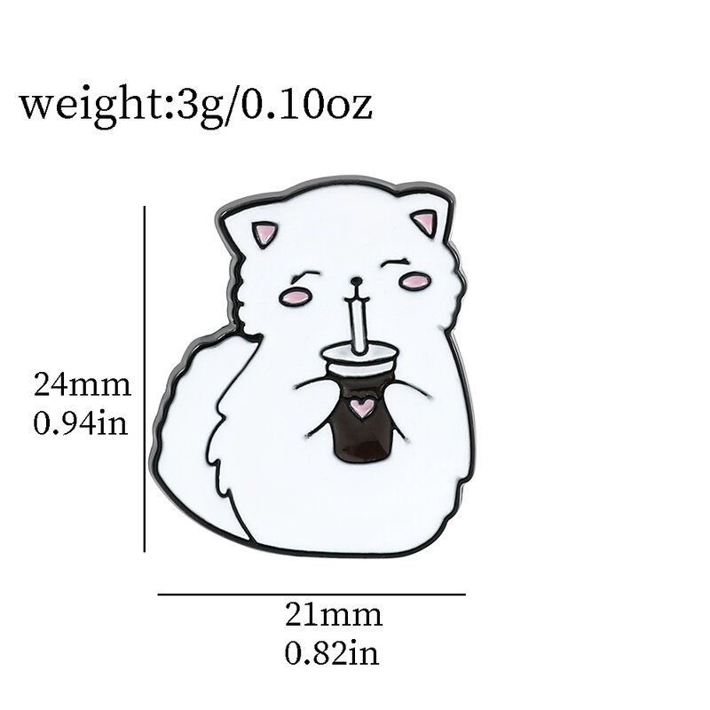 Cute White Fat Cat Enamel Brooch Happy Mew Mew Drinking Juice With Straw Lapel Pin Cartoon Animal Badge Jewelry Gift for Friends