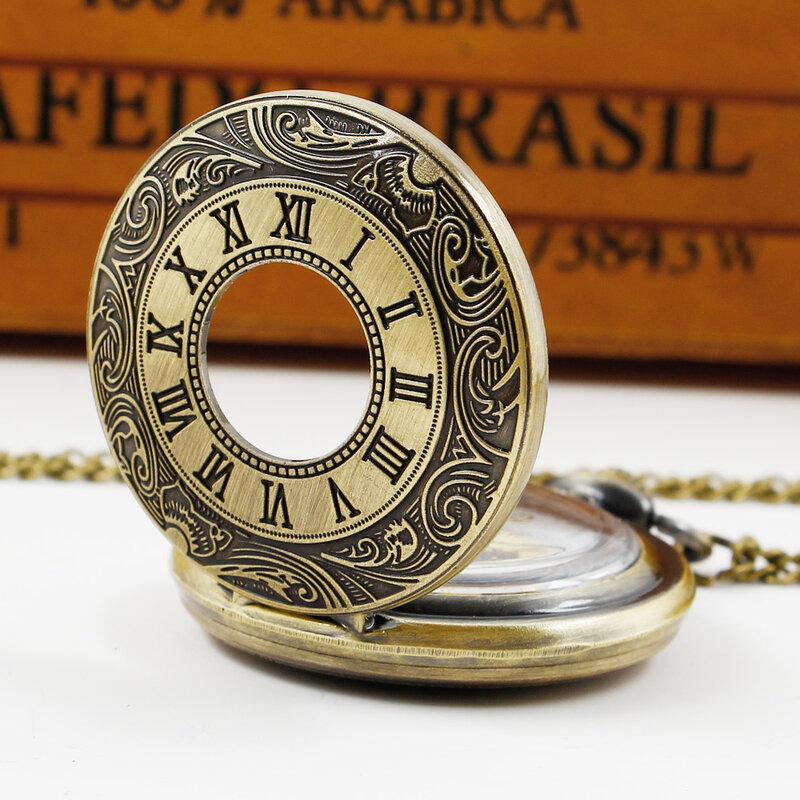 Bronze Vintage Charm Unisex Fashion Roman Number Quartz Steampunk Pocket Watch Necklace Best Gifts for Men Women