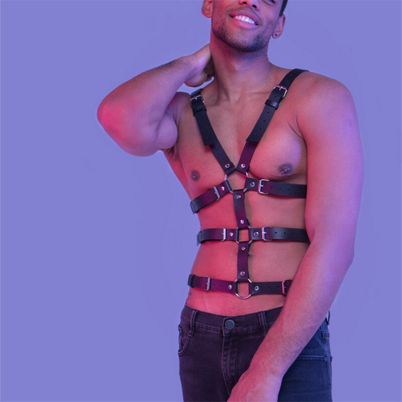 Gay Rave Harness sabuk paku keling memanfaatkan tali kulit pria Gotik untuk BDSM Bondage Fetish seksi klub malam sabuk Cosplay