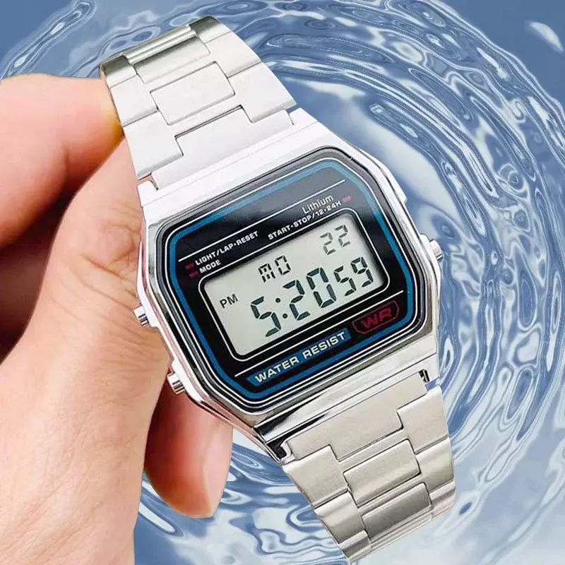 ใหม่นาฬิกาสาย F91W กันน้ำดิจิตอลสแตนเลสนาฬิกากีฬาทหารชายและหญิงนาฬิกาข้อมืออิเล็กทรอนิกส์หรูหรา