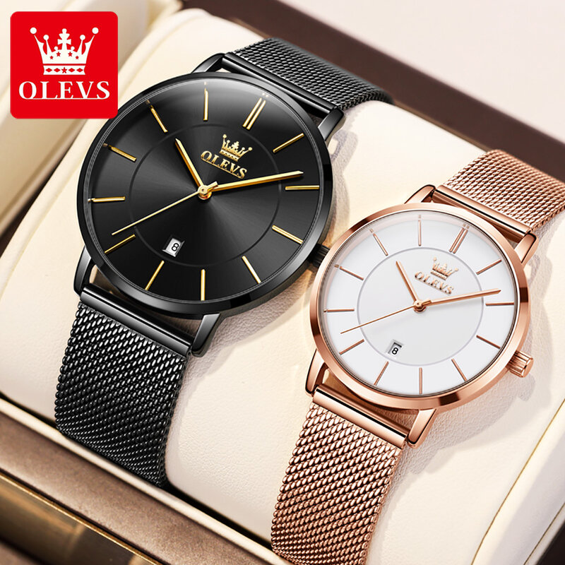 OLEVS jam tangan pasangan, jam tangan mewah Milan tali baja tahan air dengan permukaan jam kalender Ultra tipis modis bisnis Set hadiah