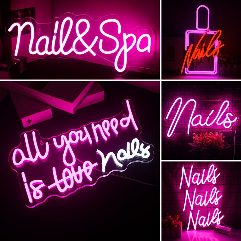 Pendurado Neon Sign Luzes LED, unhas e Spa, carta rosa, lâmpada de parede de arte para festa, salão de beleza, loja, decoração do quarto, presente do logotipo