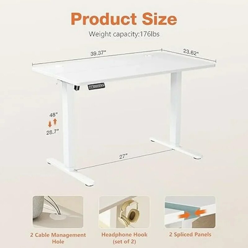 Altura ajustável Elétrica Standing Desk, Sente-se para Stand Up Desk com Splice Board, Rising Home Office, Branco, 40x24"