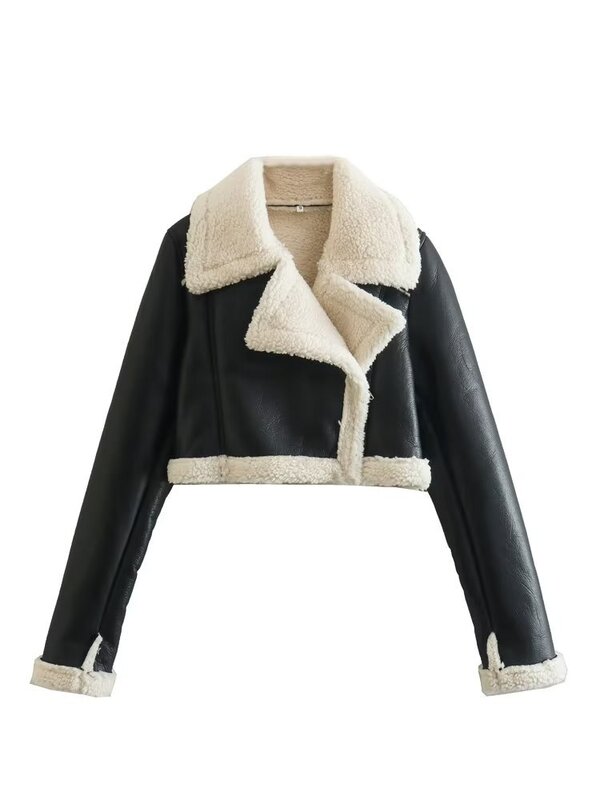 2023 Autumn Winter Women Thick Warm Faux Leather Shearling Short Jacket Ladies Vintage Coat Female Outerwear Chic Tops