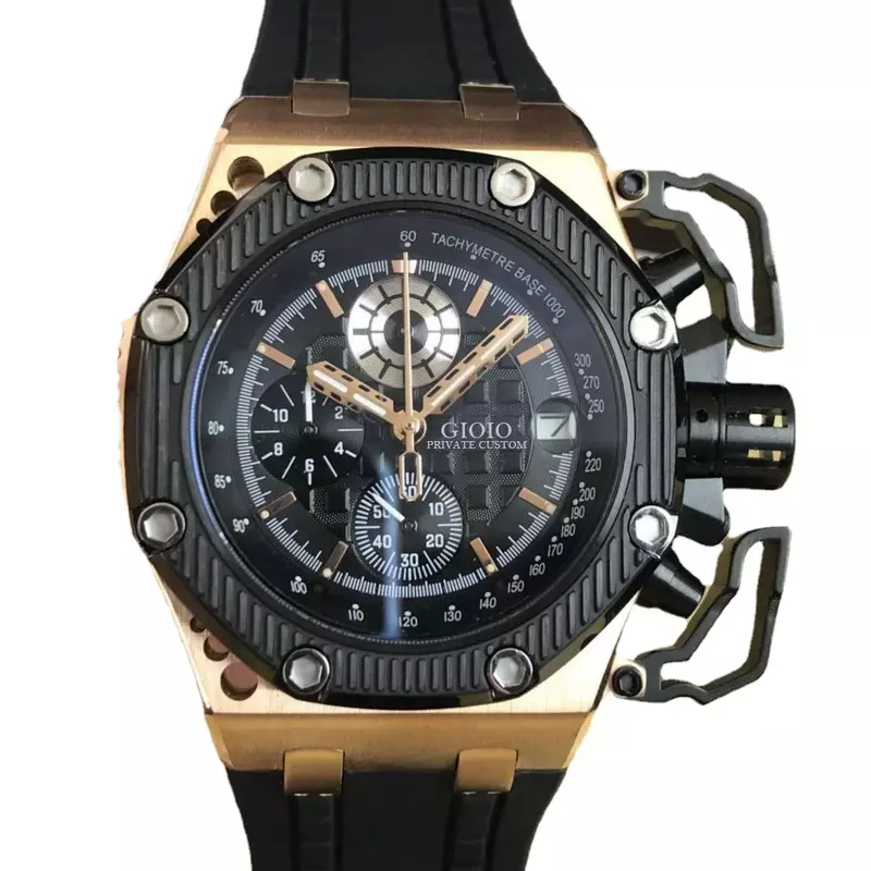 Luxury New Men Quartz Chronograph Watch Rose Gold Black Rubber Sport Watches