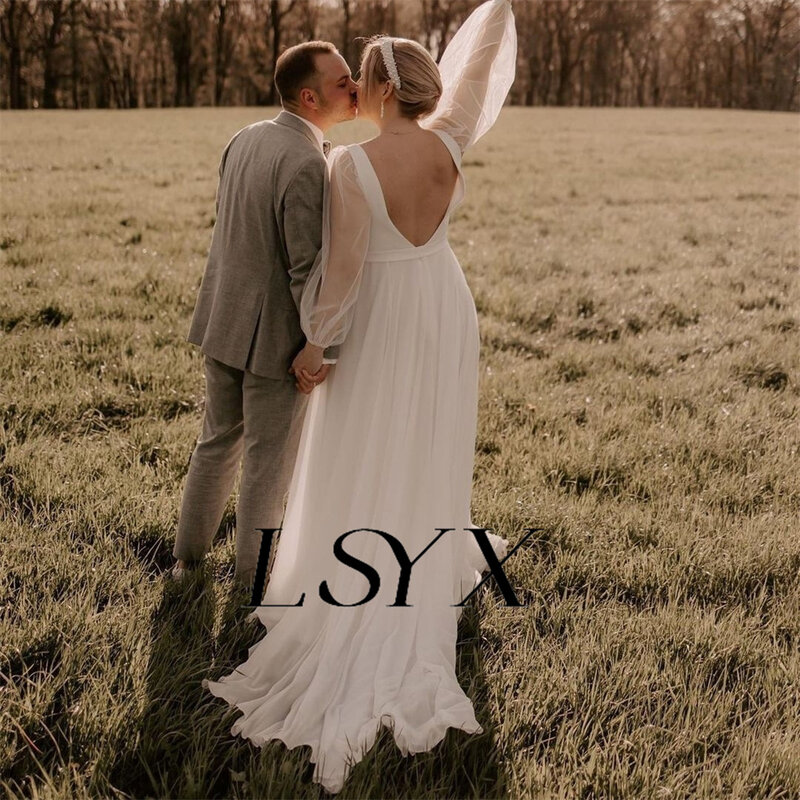 LSYX vestido de novia de gasa con cuello en V profundo, manga larga abullonada, línea A, espalda abierta, abertura lateral alta, tren de corte, vestido de novia hecho a medida