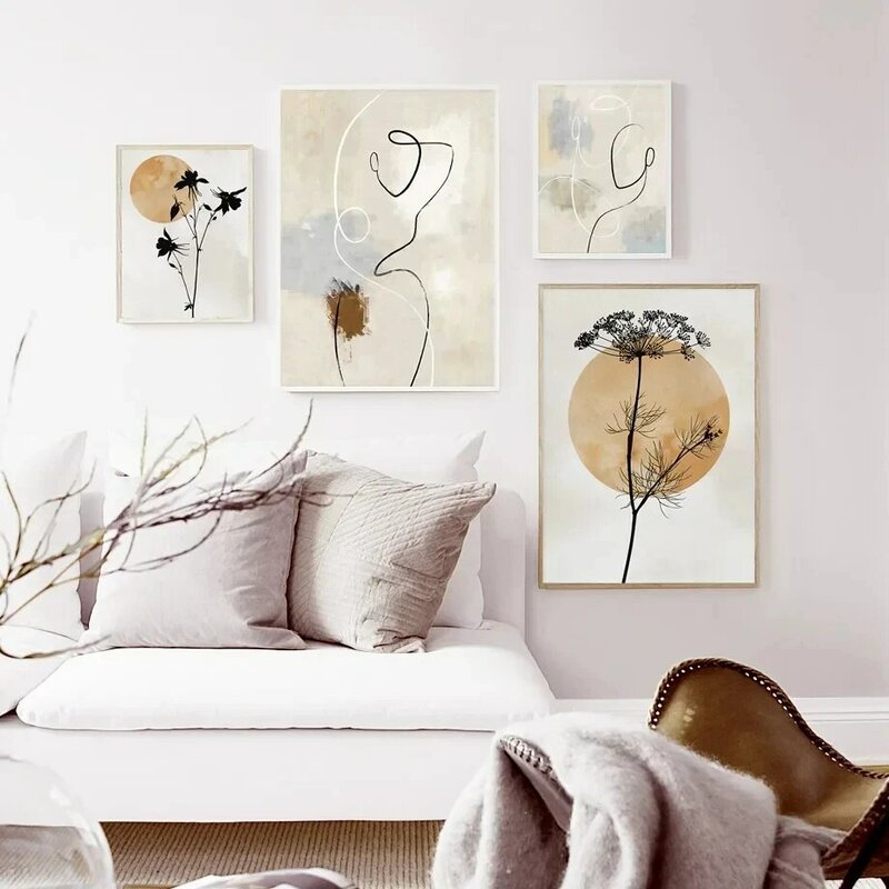 Abstrakcyjna linia Dziewczyna Księżyc Roślina Kwiat Wall Art Canvas Malarstwo Nordic Plakaty I Nadruki Obrazy Ścienne Do Salonu Wystrój Domu