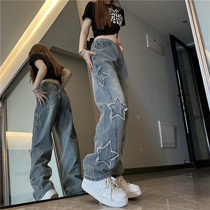 Hiphop Blauwe Jeans Dames Lente En Herfst Nieuwe Koreaanse Mode Streetwear Rechte Wijde Pijpen Broek Baggy Jeans Dameskleding