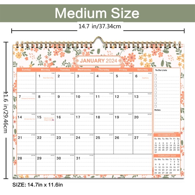 2024–2025 Wandkalender mit Doppeldrahtbindung, linierte Tagesblöcke für Zuhause 87HC